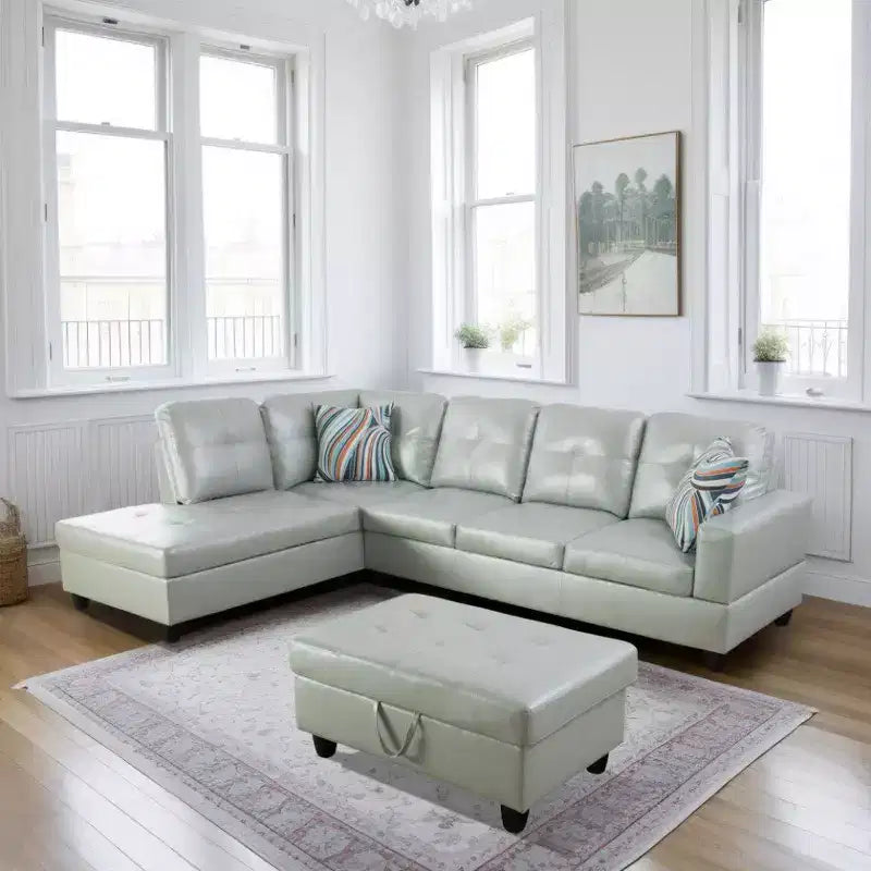 Gray PU Leather Sectional Sofa Suite L-Shaped Configuration, Tufted Upholstery, Versatile Storage Ottoman, Contemporary Living Space Solution