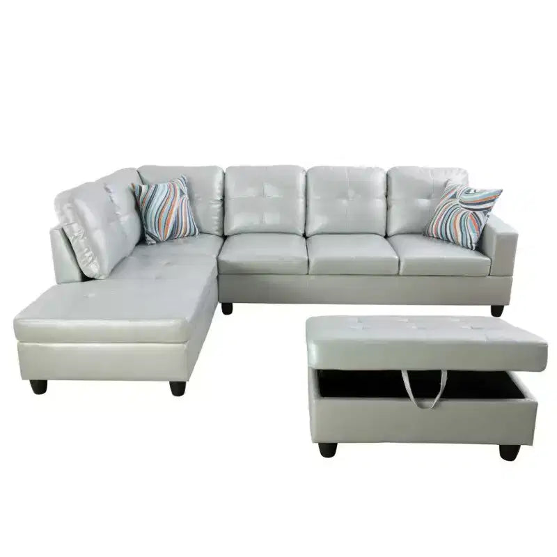 Ensemble Canapé Sectionnel en Cuir PU Gris Configuration en L, Revêtement Capitonnage, Pouf de Rangement Polyvalent, Solution pour Salon Contemporain