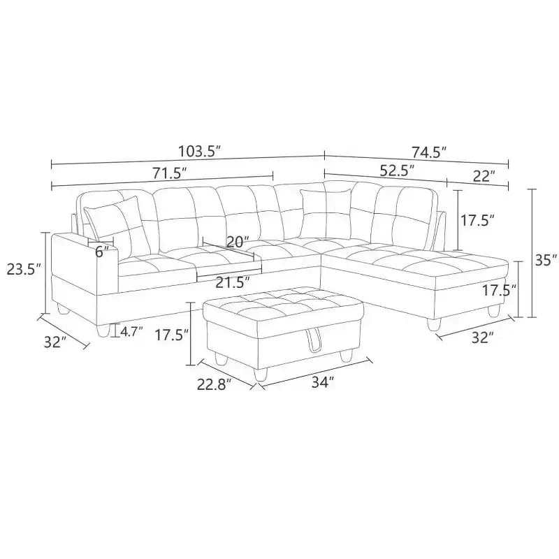 Ensemble Canapé Sectionnel en Cuir PU Gris Configuration en L, Revêtement Capitonnage, Pouf de Rangement Polyvalent, Solution pour Salon Contemporain