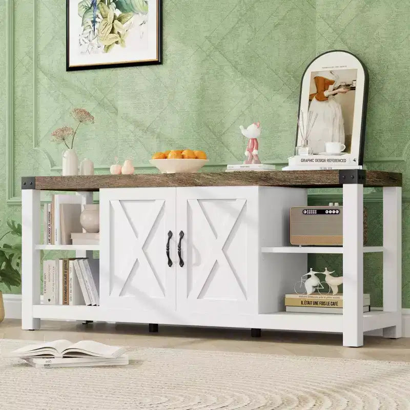 TV Stand for 65 Inch TV, 60 Inch Entertainment Center with Storage, Farmhouse TV Console Table with Shelves, Wooden Media Console Cabinet with Doors
