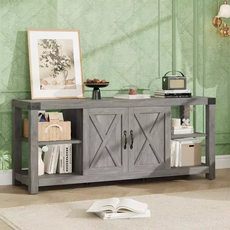 Meuble TV pour télévision de 65 pouces, meuble de divertissement de 60 pouces avec rangement, console TV de style ferme avec étagères, meuble de rangement multimédia en bois avec portes