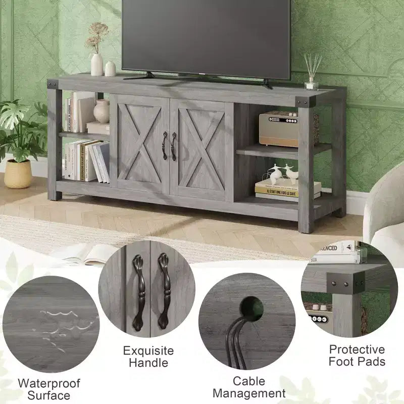 Meuble TV pour télévision de 65 pouces, meuble de divertissement de 60 pouces avec rangement, console TV de style ferme avec étagères, meuble de rangement multimédia en bois avec portes