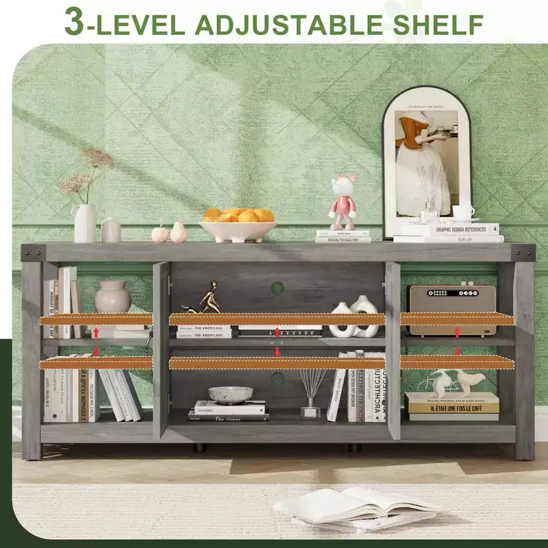 Meuble TV pour télévision de 65 pouces, meuble de divertissement de 60 pouces avec rangement, console TV de style ferme avec étagères, meuble de rangement multimédia en bois avec portes