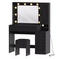 Makeup Vanity Desk and Stool, Vanity Desk with Lights, Vanity Table Set with Charging Station, Drawers and Hidden Storage Shelves
