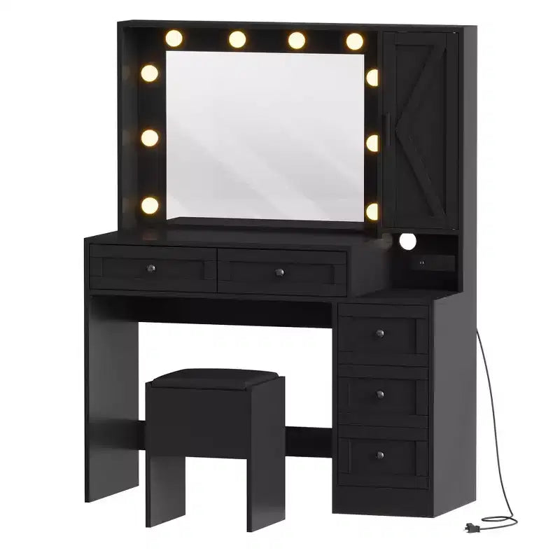 Makeup Vanity Desk and Stool, Vanity Desk with Lights, Vanity Table Set with Charging Station, Drawers and Hidden Storage Shelves