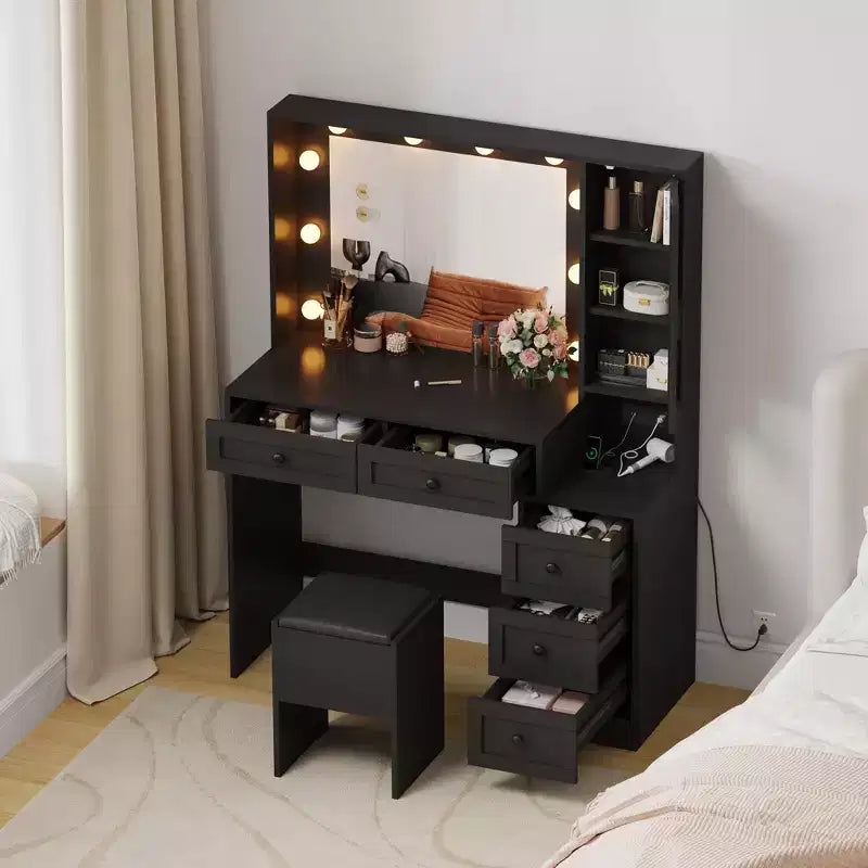 Coiffeuse avec tabouret, Coiffeuse avec lumières, Ensemble de coiffeuse avec station de recharge, tiroirs et étagères de rangement cachées