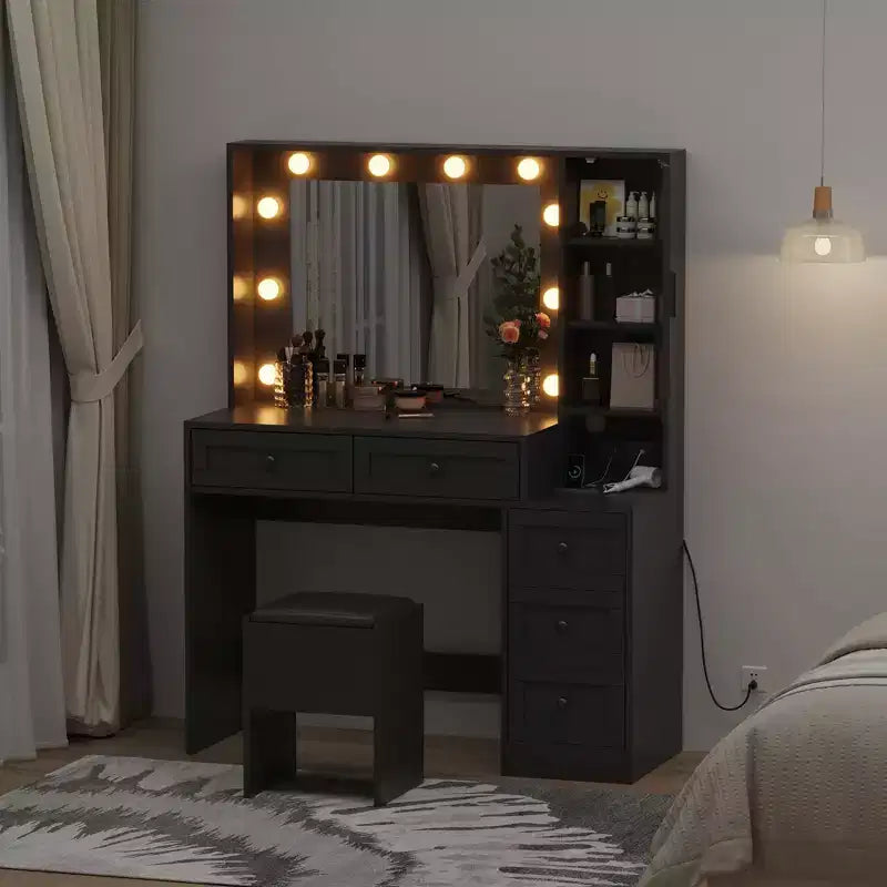 Coiffeuse avec tabouret, Coiffeuse avec lumières, Ensemble de coiffeuse avec station de recharge, tiroirs et étagères de rangement cachées