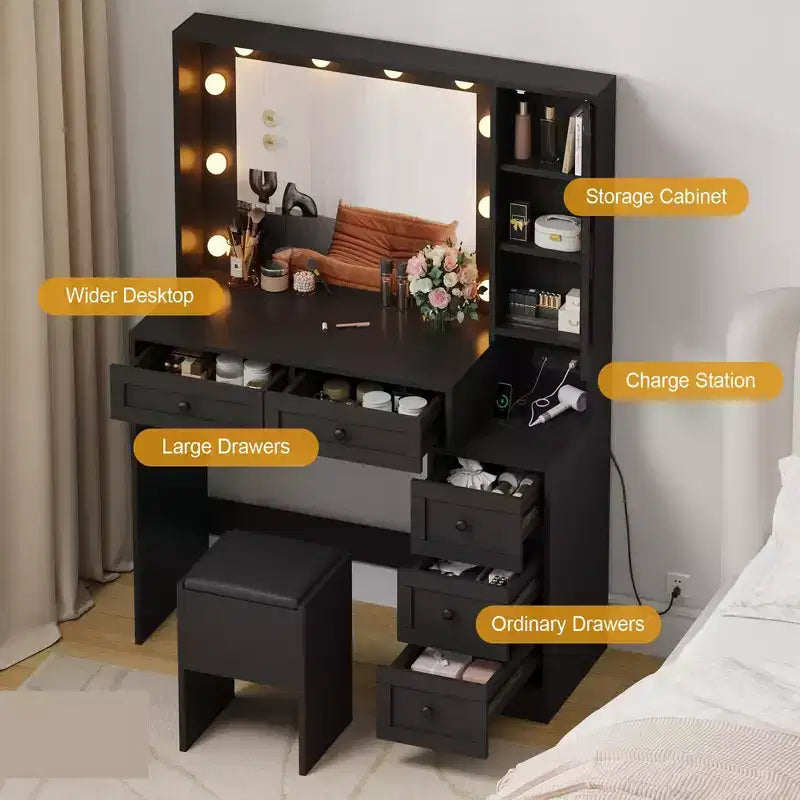 Coiffeuse avec tabouret, Coiffeuse avec lumières, Ensemble de coiffeuse avec station de recharge, tiroirs et étagères de rangement cachées