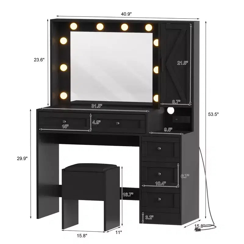 Coiffeuse avec tabouret, Coiffeuse avec lumières, Ensemble de coiffeuse avec station de recharge, tiroirs et étagères de rangement cachées
