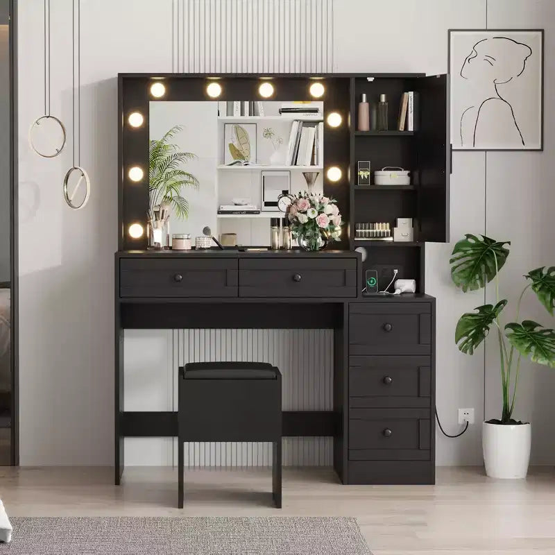 Coiffeuse avec tabouret, Coiffeuse avec lumières, Ensemble de coiffeuse avec station de recharge, tiroirs et étagères de rangement cachées