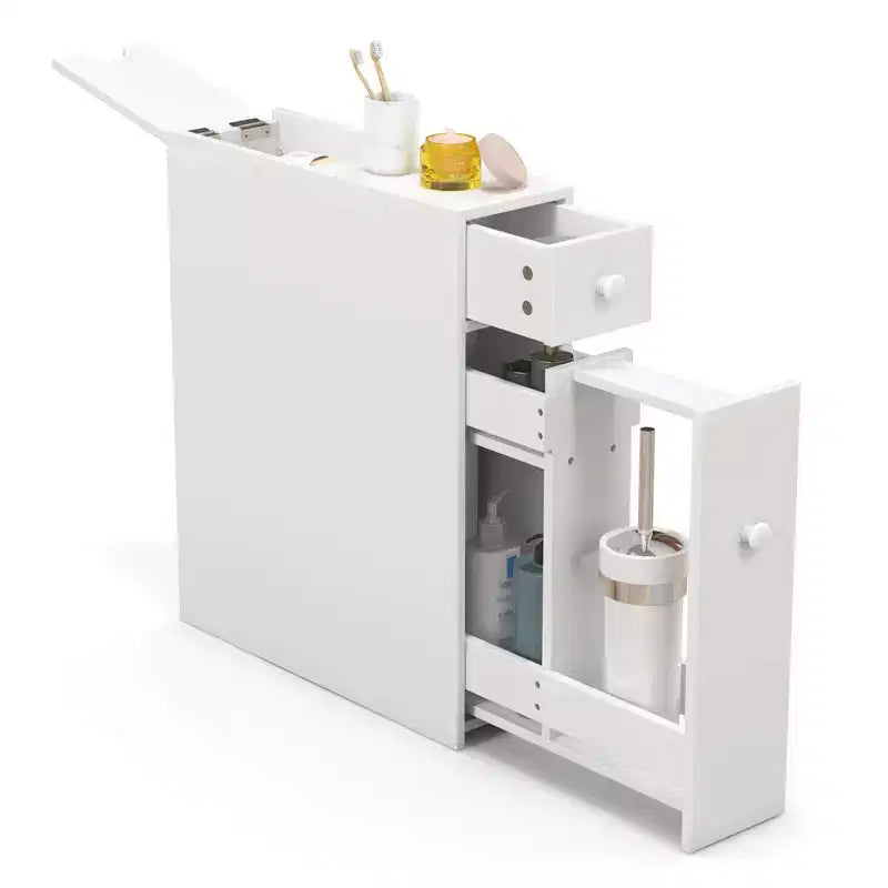 Meuble de rangement étroit pour WC avec couvercle à rabat, blanc/noir