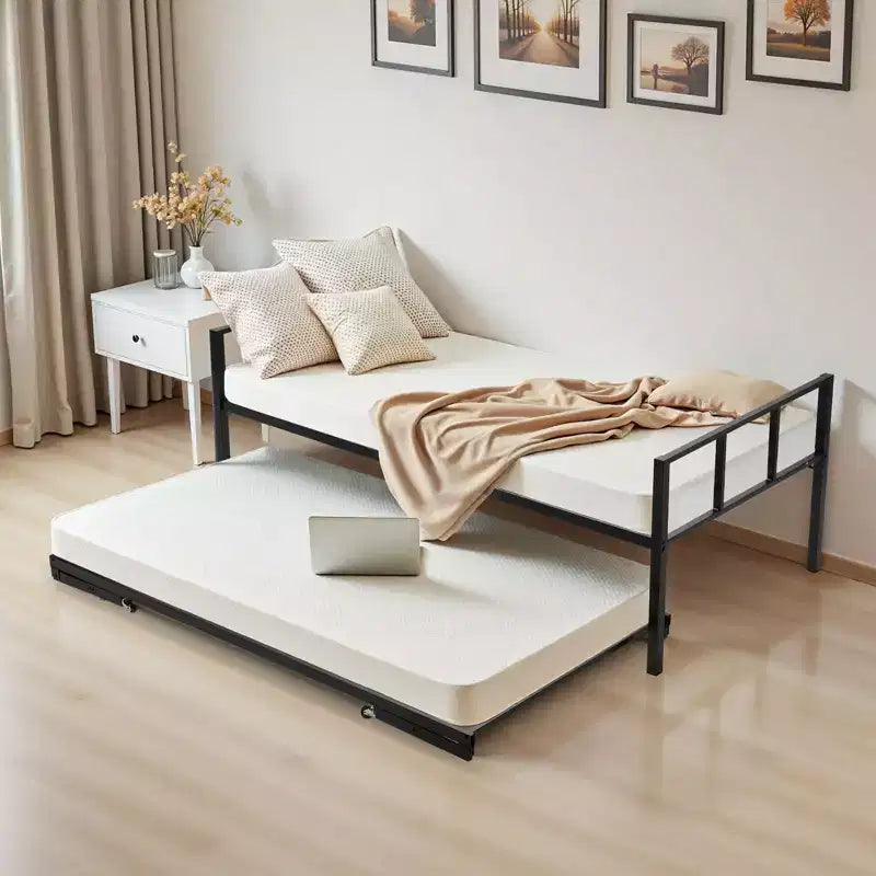 Cadre de lit de repos double, lit de repos avec lit gigogne, cadre de lit plateforme en métal robuste, lit de repos double avec support de lattes en métal, noir