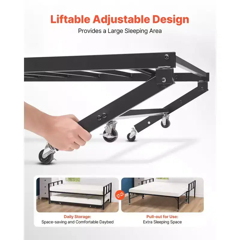 Cadre de lit de repos double, lit de repos avec lit gigogne, cadre de lit plateforme en métal robuste, lit de repos double avec support de lattes en métal, noir