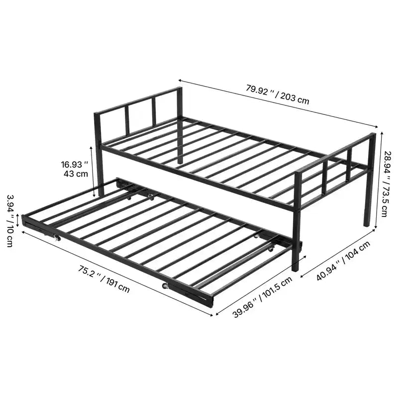 Cadre de lit de repos double, lit de repos avec lit gigogne, cadre de lit plateforme en métal robuste, lit de repos double avec support de lattes en métal, noir