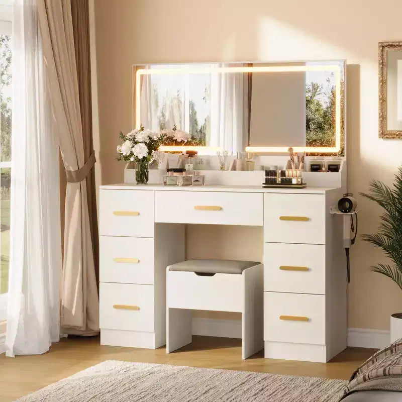 Vanity With Lighted Mirror-Makeup Desk With Power Outlet,3 Color Lighting Modes Adjustable Brightness,46 Table With Soft Cushioned Stool for Bedroom