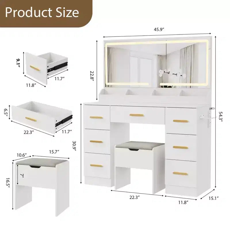 Coiffeuse avec miroir lumineux - Bureau de maquillage avec prise de courant, 3 modes d'éclairage avec luminosité réglable, table de 117 cm avec tabouret rembourré doux pour chambre à coucher