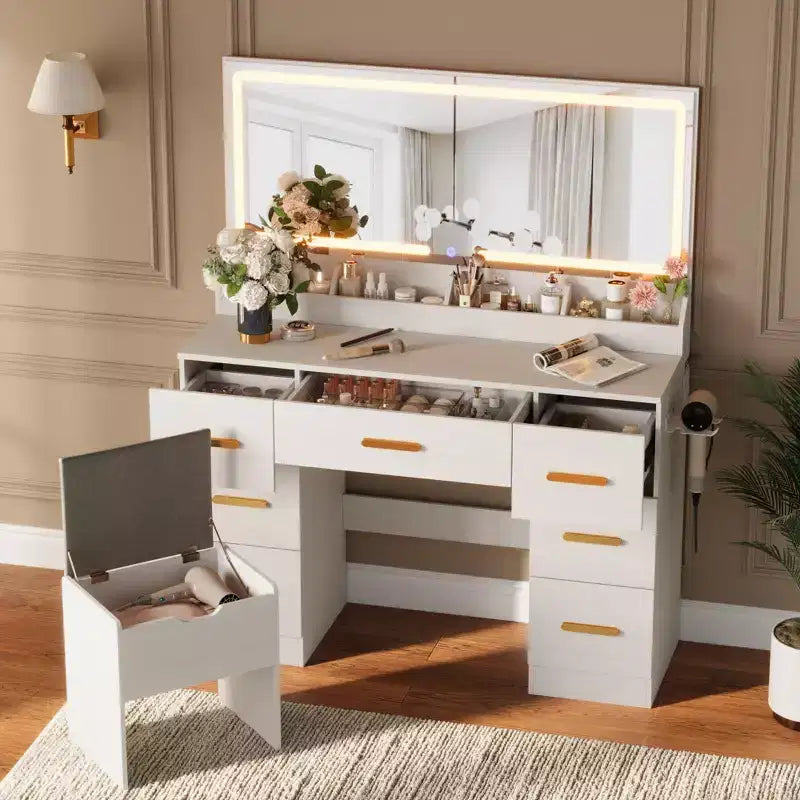 Coiffeuse avec miroir lumineux - Bureau de maquillage avec prise de courant, 3 modes d'éclairage avec luminosité réglable, table de 117 cm avec tabouret rembourré doux pour chambre à coucher