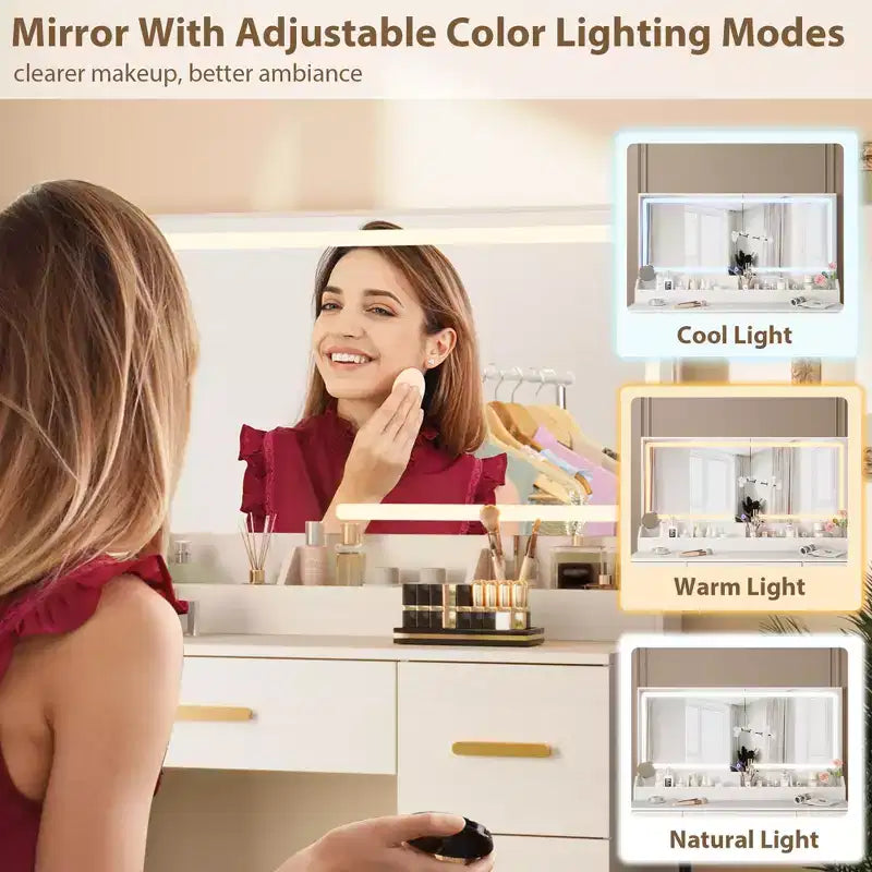 Coiffeuse avec miroir lumineux - Bureau de maquillage avec prise de courant, 3 modes d'éclairage avec luminosité réglable, table de 117 cm avec tabouret rembourré doux pour chambre à coucher