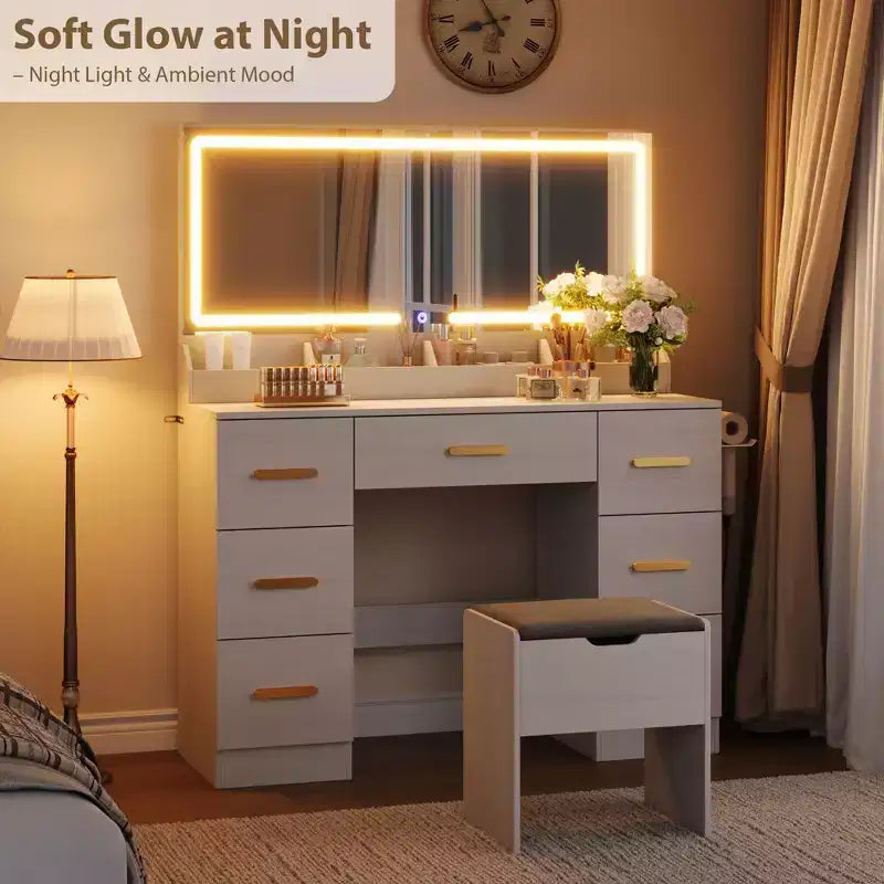 Coiffeuse avec miroir lumineux - Bureau de maquillage avec prise de courant, 3 modes d'éclairage avec luminosité réglable, table de 117 cm avec tabouret rembourré doux pour chambre à coucher