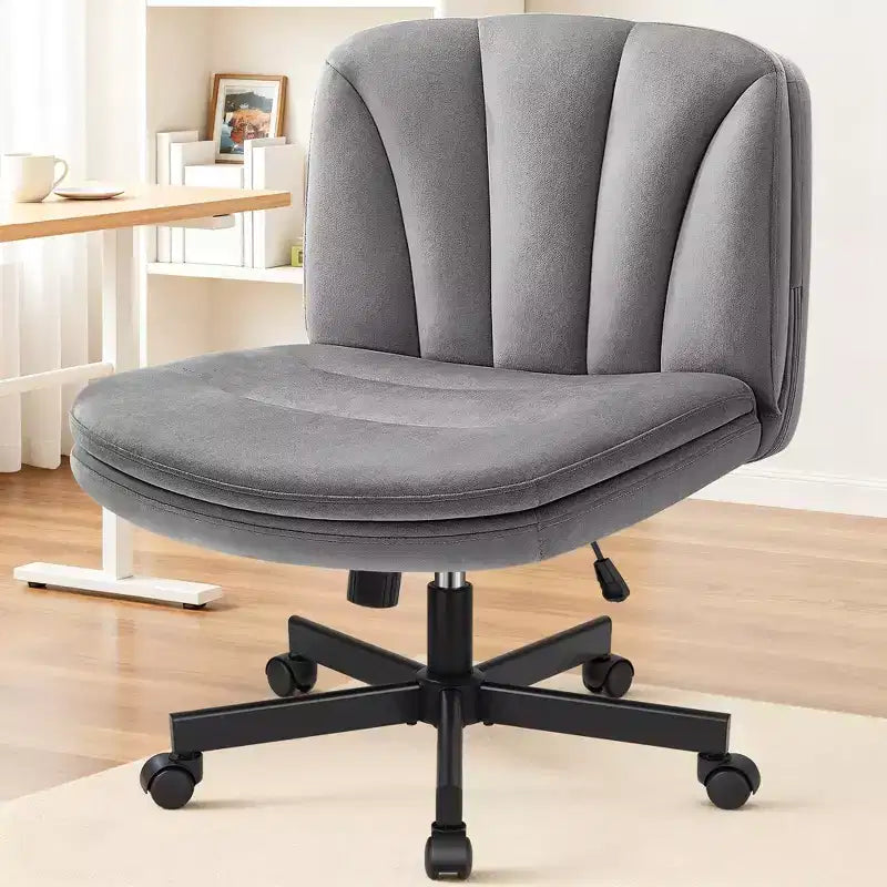 KERDOM Cross Legged Office Chair, Armless Adjustable Vanity Desk Chair With Wide Seat, Velvet Fabric, Gray