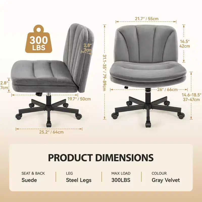 Chaise de bureau jambes croisées, chaise de vanité réglable sans accoudoirs avec assise large, tissu velours, gris