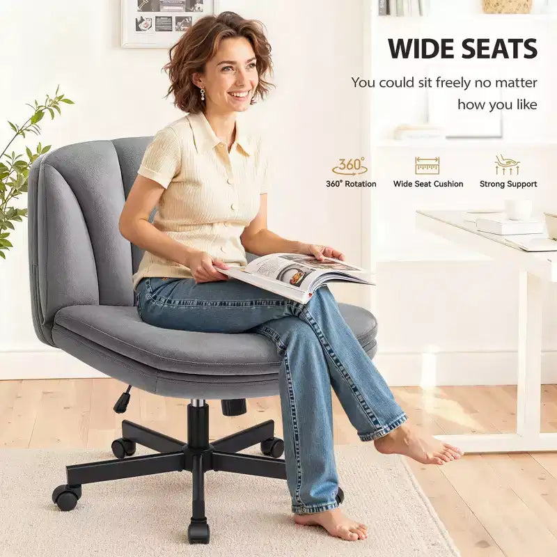 Chaise de bureau jambes croisées, chaise de vanité réglable sans accoudoirs avec assise large, tissu velours, gris