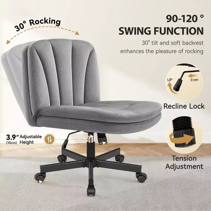 Chaise de bureau jambes croisées, chaise de vanité réglable sans accoudoirs avec assise large, tissu velours, gris