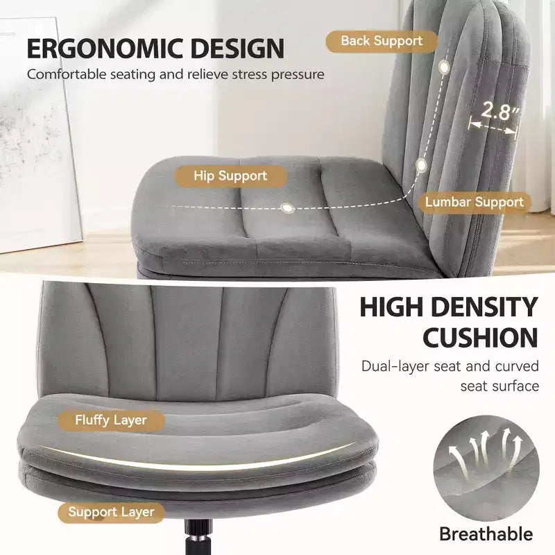 Chaise de bureau jambes croisées, chaise de vanité réglable sans accoudoirs avec assise large, tissu velours, gris