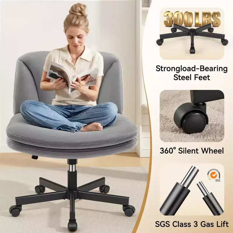 Chaise de bureau jambes croisées, chaise de vanité réglable sans accoudoirs avec assise large, tissu velours, gris