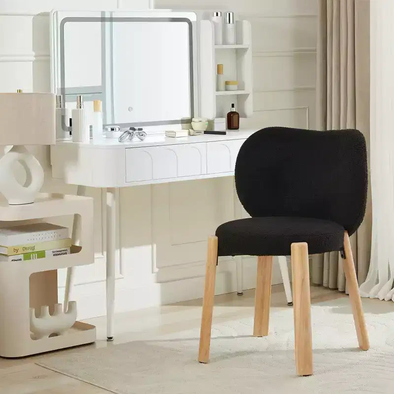 Vanity Chair With Plush Teddy Fabric, Cute Desk Chairs with Back, Rolling Upholstered Accent Chair for Living Room/Makeup Room/Bedroom
