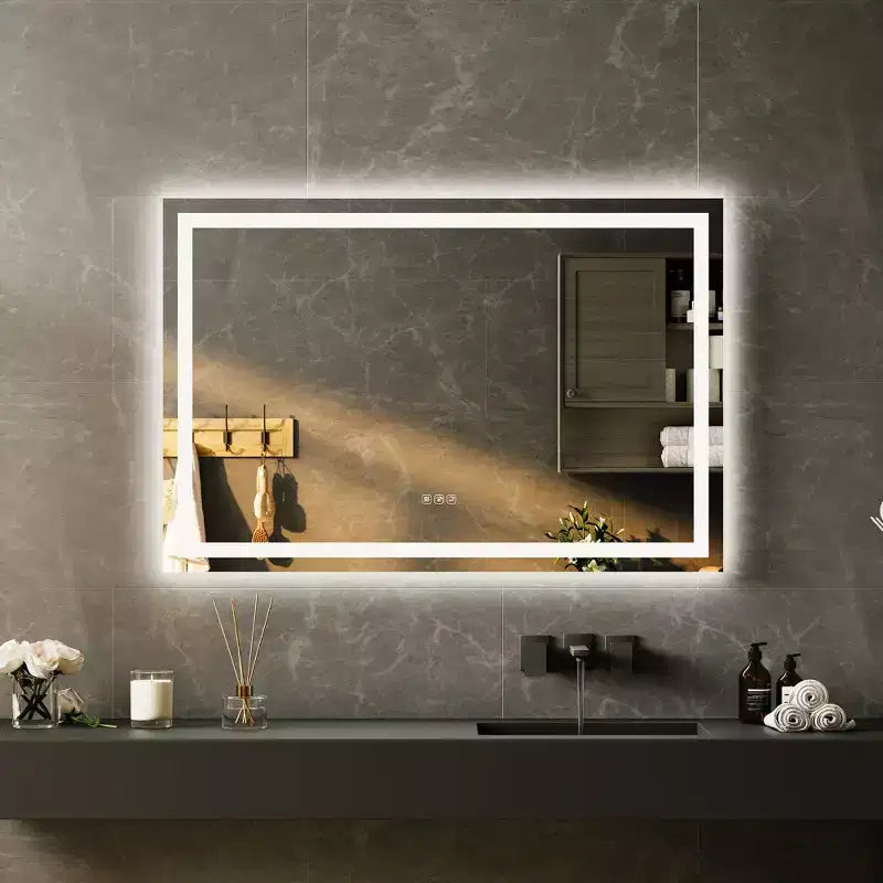 Grand miroir de salle de bain 60x36 pouces, miroir de courtoisie sans cadre avec lumières LED, éclairage avant et arrière, miroir mural pour lavabo, entrée, chambre à coucher