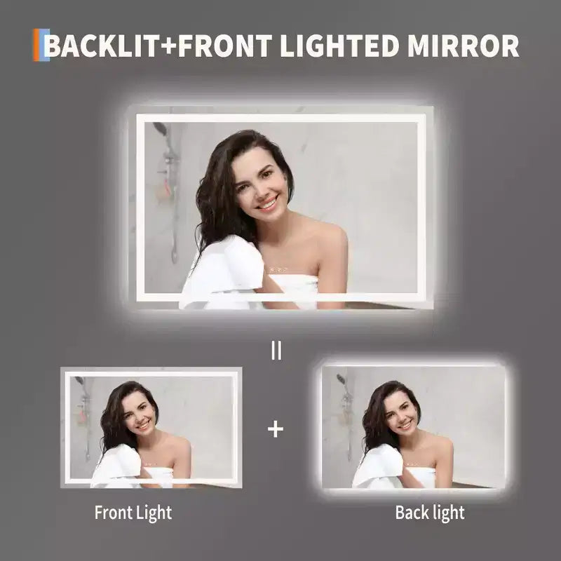 Grand miroir de salle de bain 60x36 pouces, miroir de courtoisie sans cadre avec lumières LED, éclairage avant et arrière, miroir mural pour lavabo, entrée, chambre à coucher