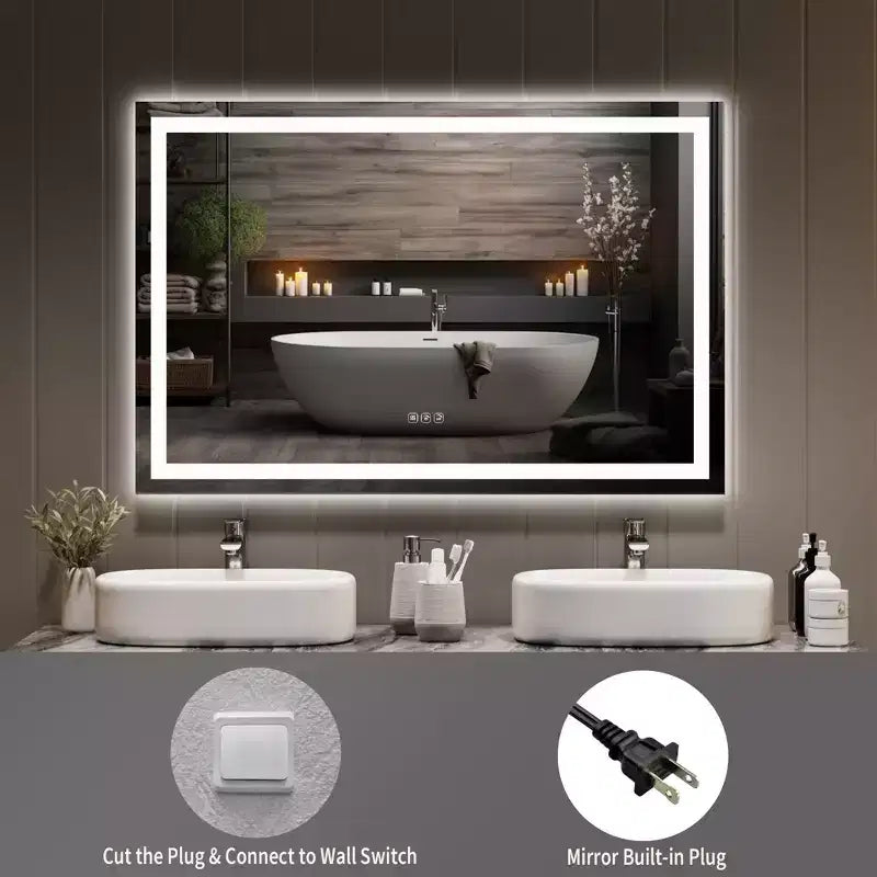 Grand miroir de salle de bain 60x36 pouces, miroir de courtoisie sans cadre avec lumières LED, éclairage avant et arrière, miroir mural pour lavabo, entrée, chambre à coucher
