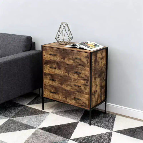 4-Drawer Industrial Style Dresser, Rustic Brown MDF Wood Storage Chest with Sturdy Steel Frame, Clothes Organizer Cabinet for Bedroom Living Room