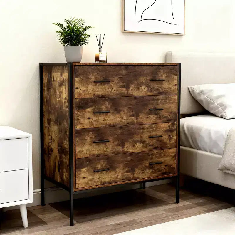 Commode de style industriel à 4 tiroirs, meuble de rangement en MDF marron rustique avec cadre en acier robuste, armoire de rangement pour vêtements pour chambre à coucher et salon