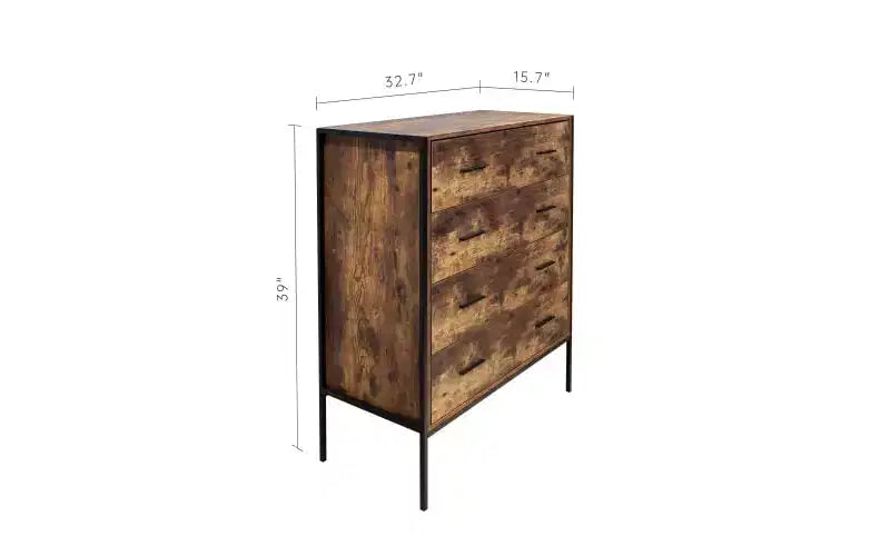 Commode de style industriel à 4 tiroirs, meuble de rangement en MDF marron rustique avec cadre en acier robuste, armoire de rangement pour vêtements pour chambre à coucher et salon