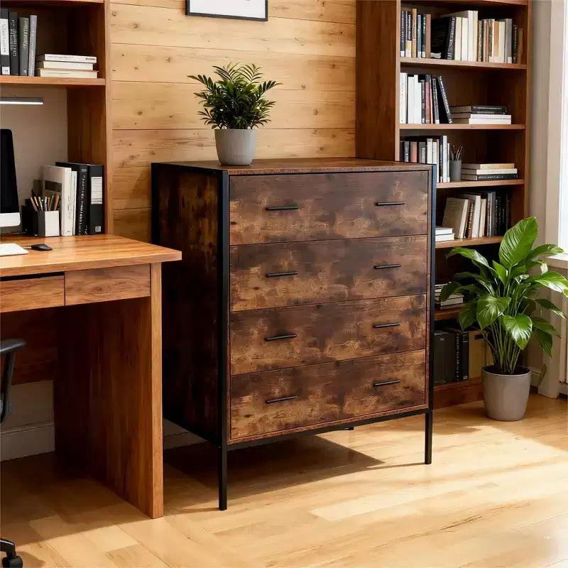 Commode de style industriel à 4 tiroirs, meuble de rangement en MDF marron rustique avec cadre en acier robuste, armoire de rangement pour vêtements pour chambre à coucher et salon