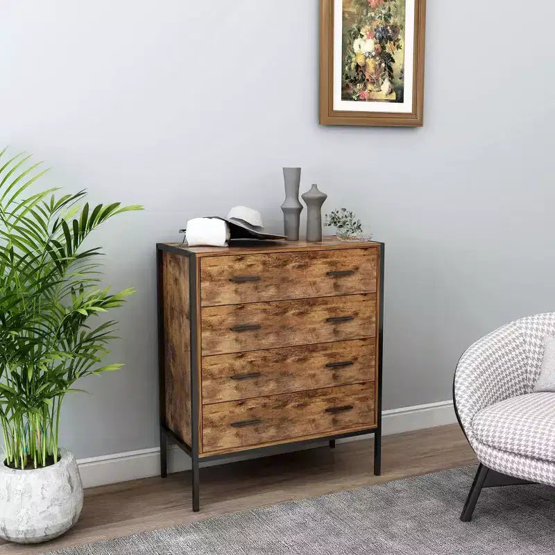 Commode de style industriel à 4 tiroirs, meuble de rangement en MDF marron rustique avec cadre en acier robuste, armoire de rangement pour vêtements pour chambre à coucher et salon