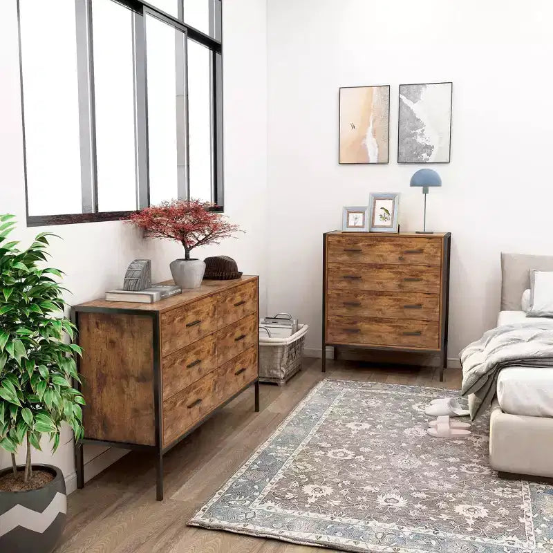 Commode de style industriel à 4 tiroirs, meuble de rangement en MDF marron rustique avec cadre en acier robuste, armoire de rangement pour vêtements pour chambre à coucher et salon