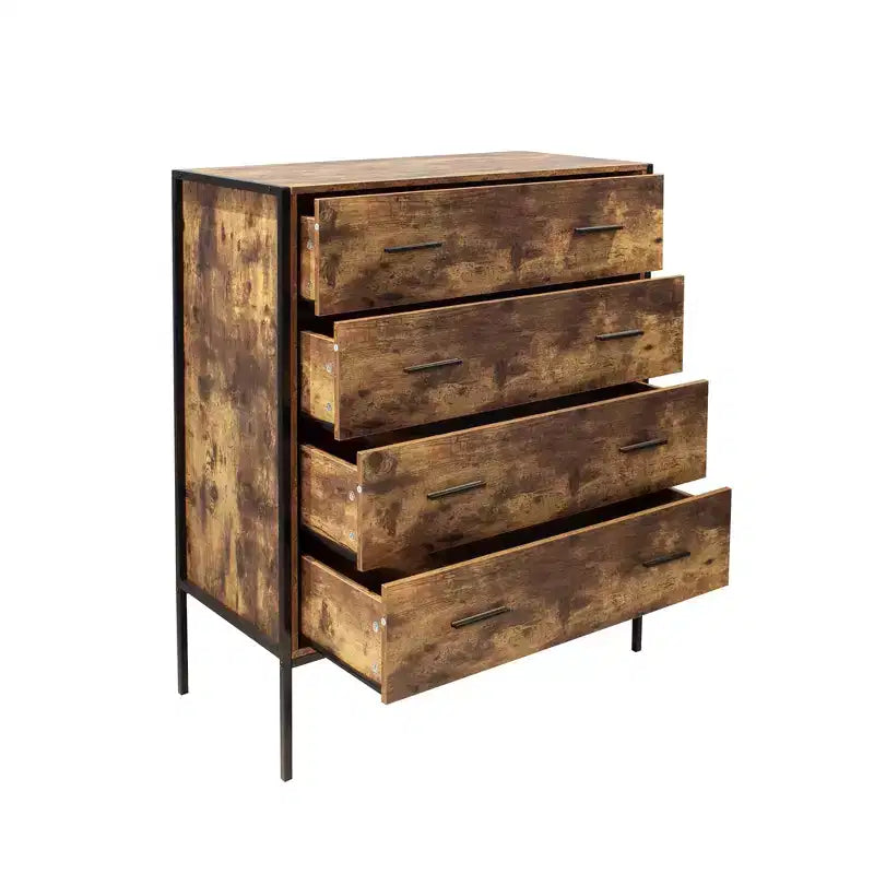 Commode de style industriel à 4 tiroirs, meuble de rangement en MDF marron rustique avec cadre en acier robuste, armoire de rangement pour vêtements pour chambre à coucher et salon