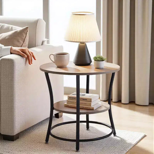 FurnitureR 2-Tier Round Side Table, 21.65 Accent Sofa End Table for Living Room or Bedroom, Metal Frame & MDF Wooden Top, Easy Assembly, 1PC, Brown
