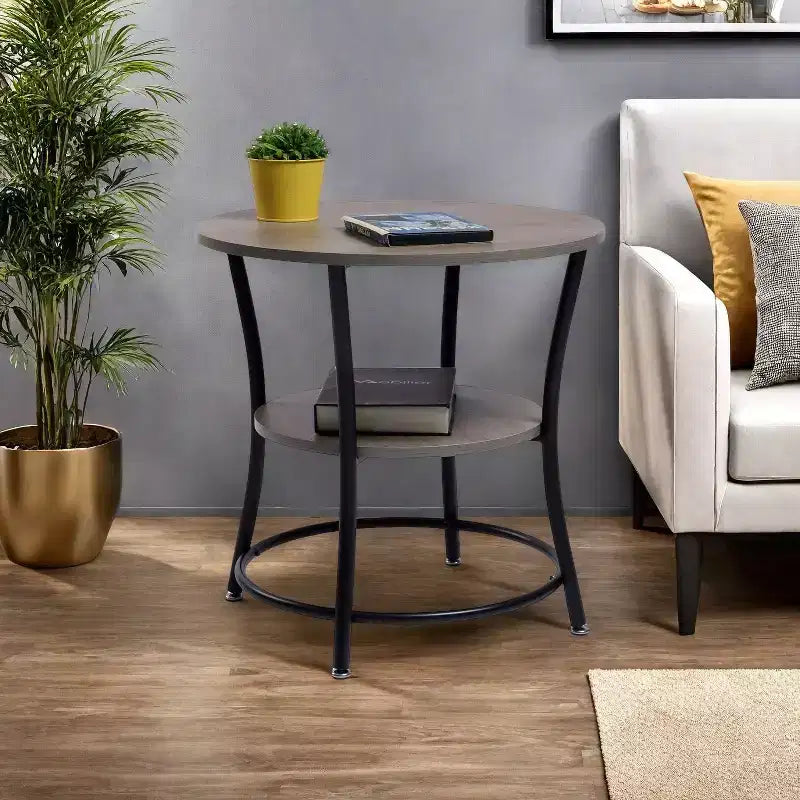 Table d'appoint ronde à 2 niveaux, table d'appoint de 55 cm pour salon ou chambre à coucher, cadre en métal et plateau en MDF, assemblage facile, 1 pièce, marron