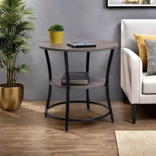 Table d'appoint ronde à 2 niveaux, table d'appoint de 55 cm pour salon ou chambre à coucher, cadre en métal et plateau en MDF, assemblage facile, 1 pièce, marron