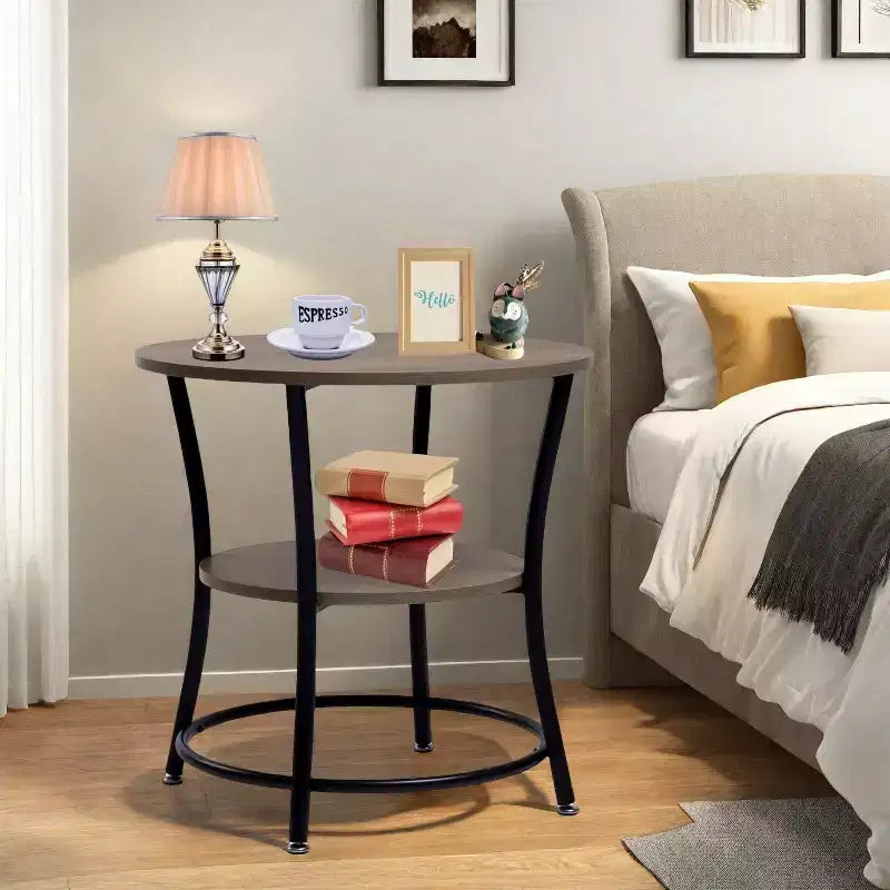 Table d'appoint ronde à 2 niveaux, table d'appoint de 55 cm pour salon ou chambre à coucher, cadre en métal et plateau en MDF, assemblage facile, 1 pièce, marron