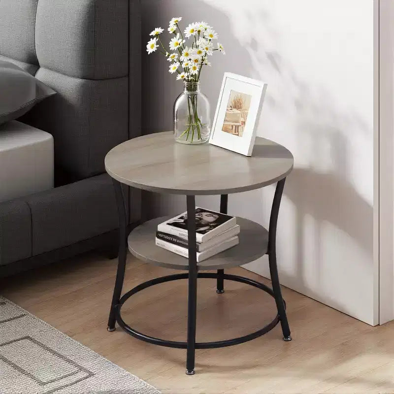 Table d'appoint ronde à 2 niveaux, table d'appoint de 55 cm pour salon ou chambre à coucher, cadre en métal et plateau en MDF, assemblage facile, 1 pièce, marron
