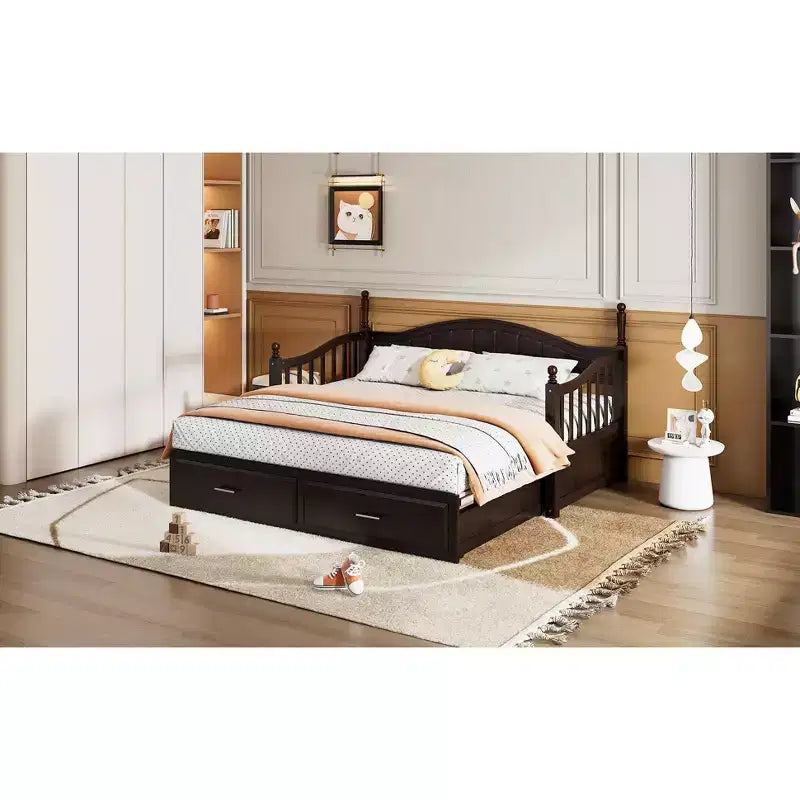 Lit de repos en bois avec lit gigogne et 2 tiroirs de rangement, lit de repos extensible de taille simple à King, cadre de canapé-lit élégant pour salon et chambre à coucher