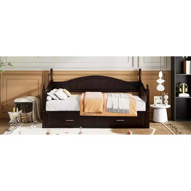 Lit de repos en bois avec lit gigogne et 2 tiroirs de rangement, lit de repos extensible de taille simple à King, cadre de canapé-lit élégant pour salon et chambre à coucher