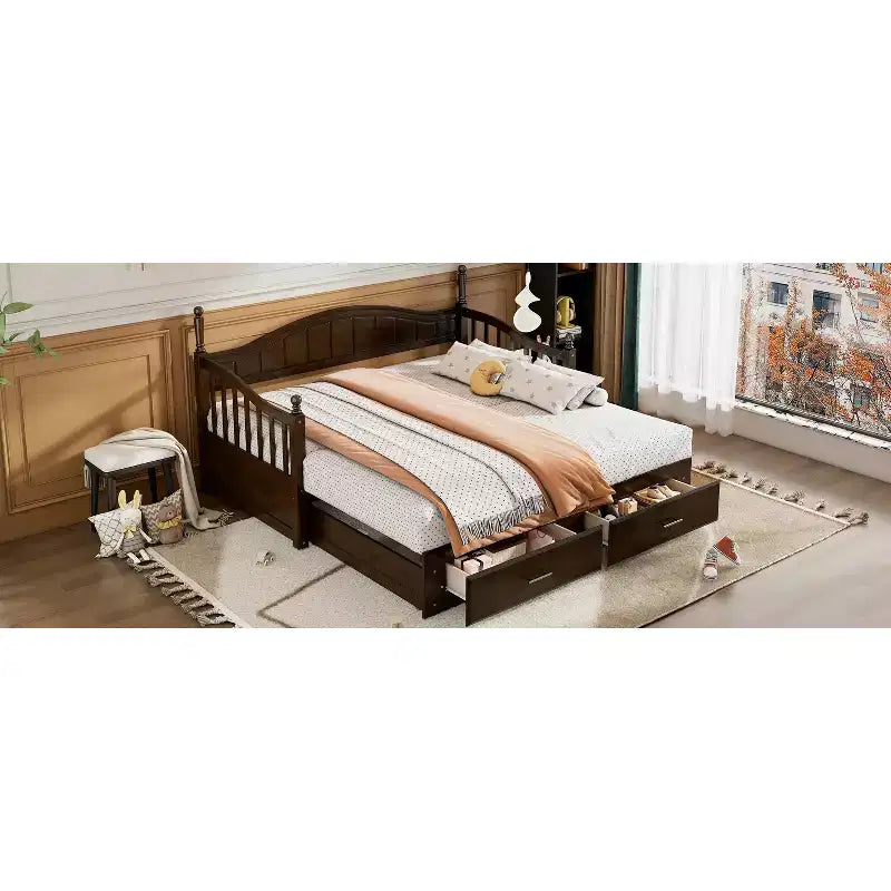 Lit de repos en bois avec lit gigogne et 2 tiroirs de rangement, lit de repos extensible de taille simple à King, cadre de canapé-lit élégant pour salon et chambre à coucher
