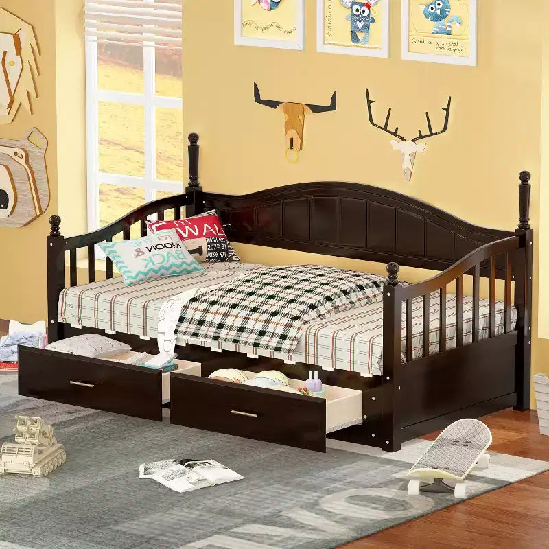Lit de repos en bois avec lit gigogne et 2 tiroirs de rangement, lit de repos extensible de taille simple à King, cadre de canapé-lit élégant pour salon et chambre à coucher