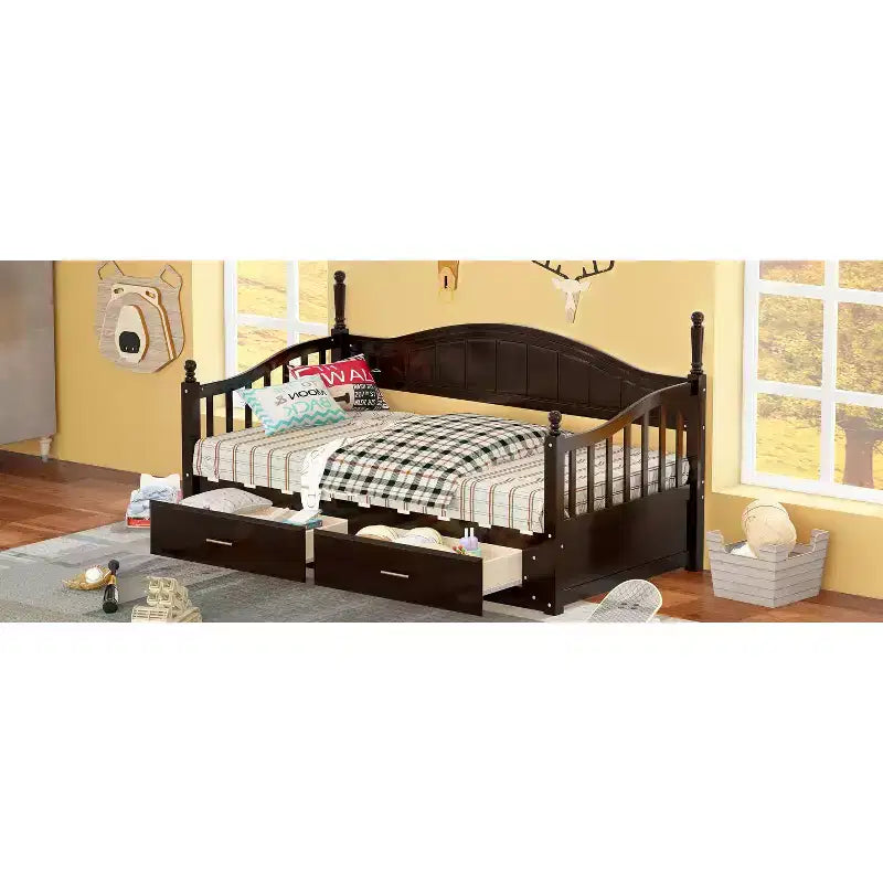 Lit de repos en bois avec lit gigogne et 2 tiroirs de rangement, lit de repos extensible de taille simple à King, cadre de canapé-lit élégant pour salon et chambre à coucher